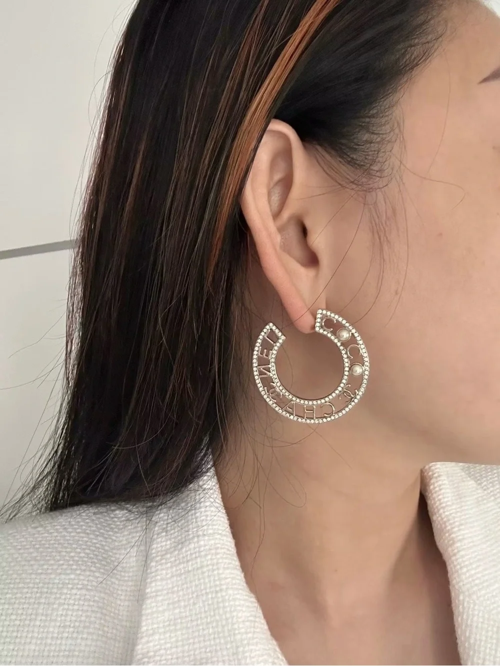 CHANEL Gold Pearl & Crystal CC Logo Brooch and Earrings